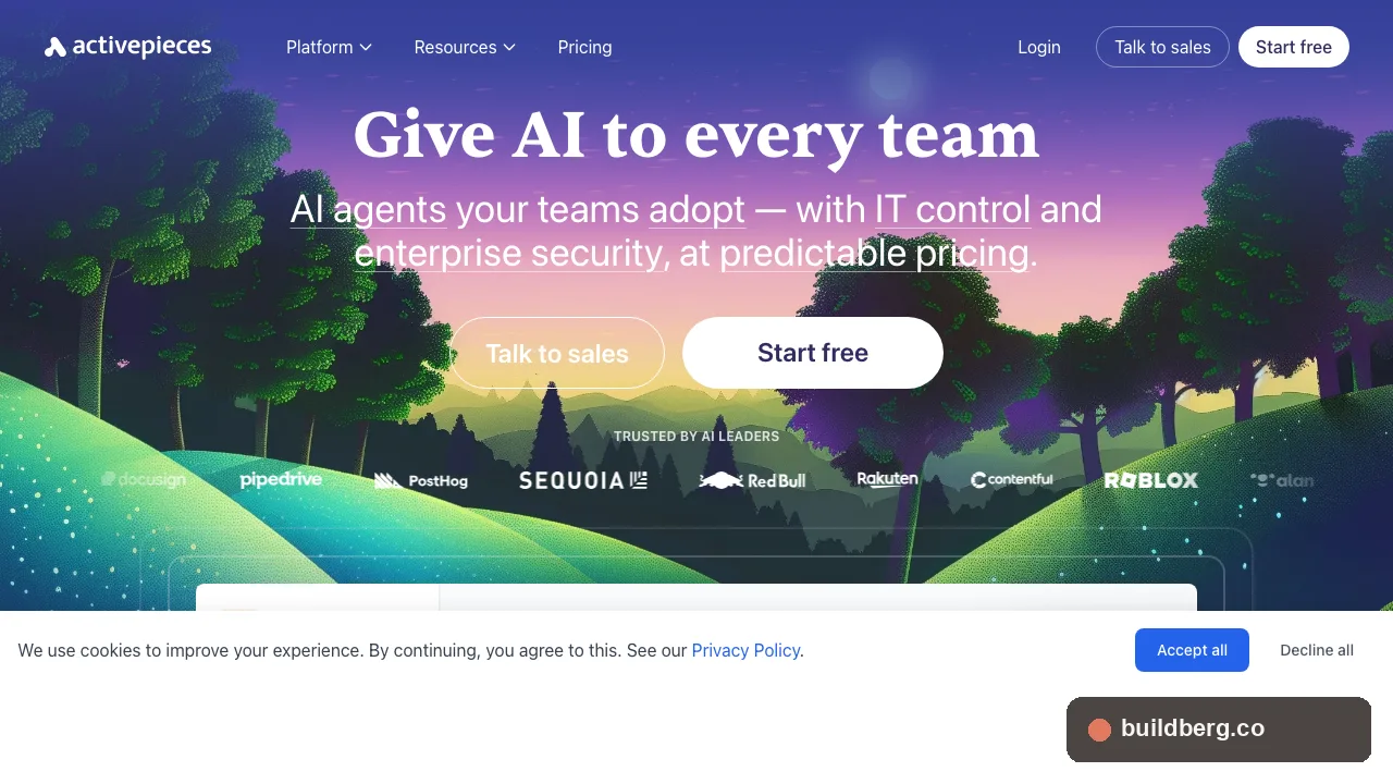 Activepieces homepage hero showing AI agents for IT control positioning with Sequoia investor logo