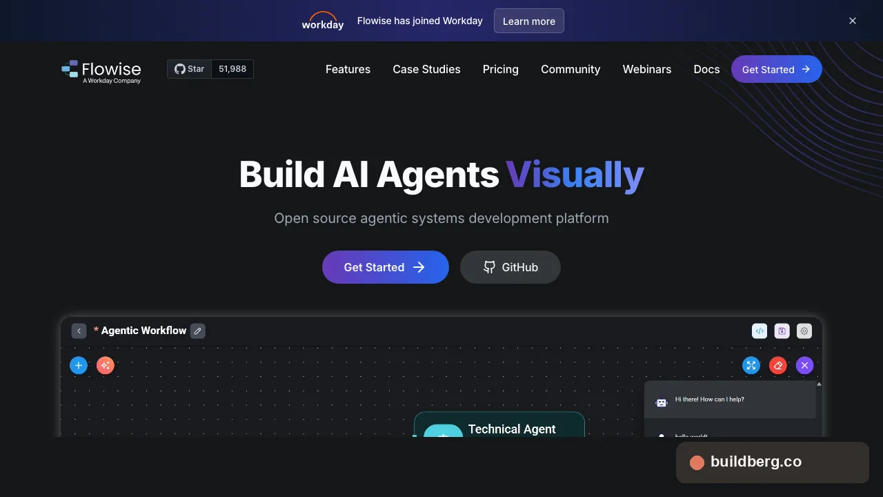 Flowise homepage showing visual AI agent builder canvas with agentic workflow nodes