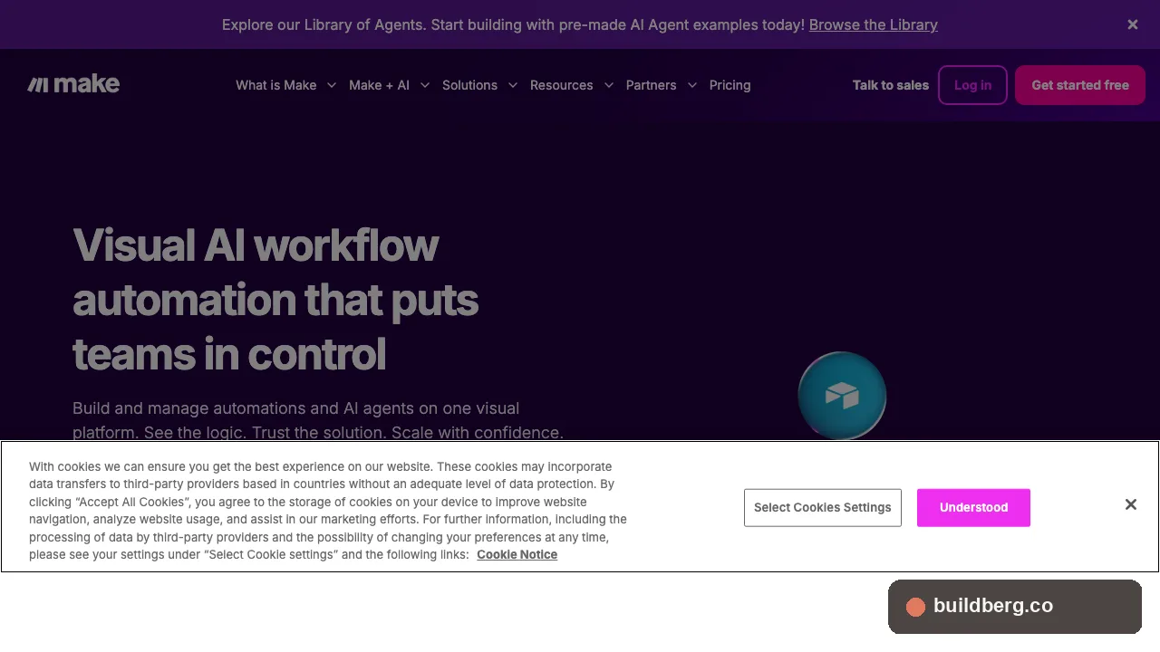 Make.com homepage hero showing visual AI workflow automation positioning