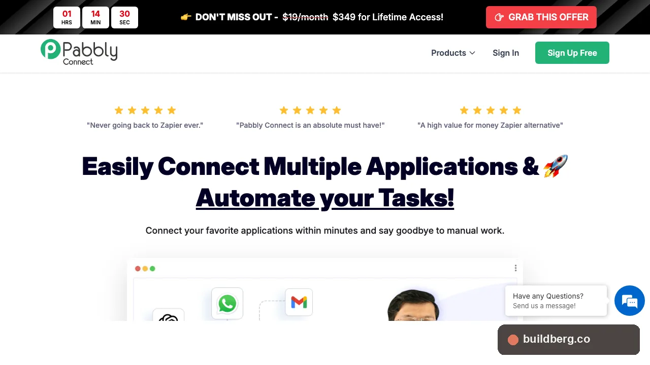 Pabbly Connect homepage showing lifetime access pricing offer and customer testimonials
