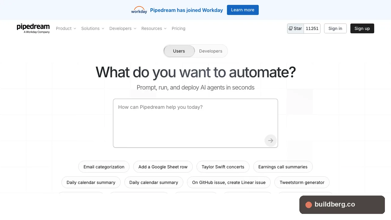 Pipedream homepage with prompt-driven automation interface, post-Workday acquisition branding