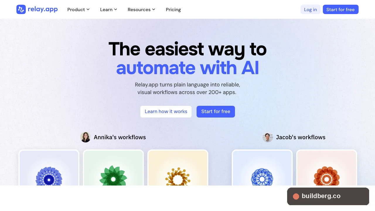 Relay.app homepage showing plain-language AI workflow automation across 200+ apps