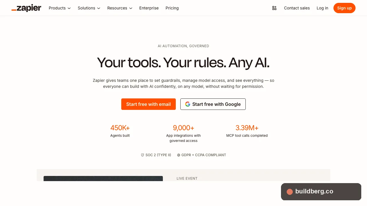 Zapier homepage hero showing AI automation governance positioning with 450K agents built stat